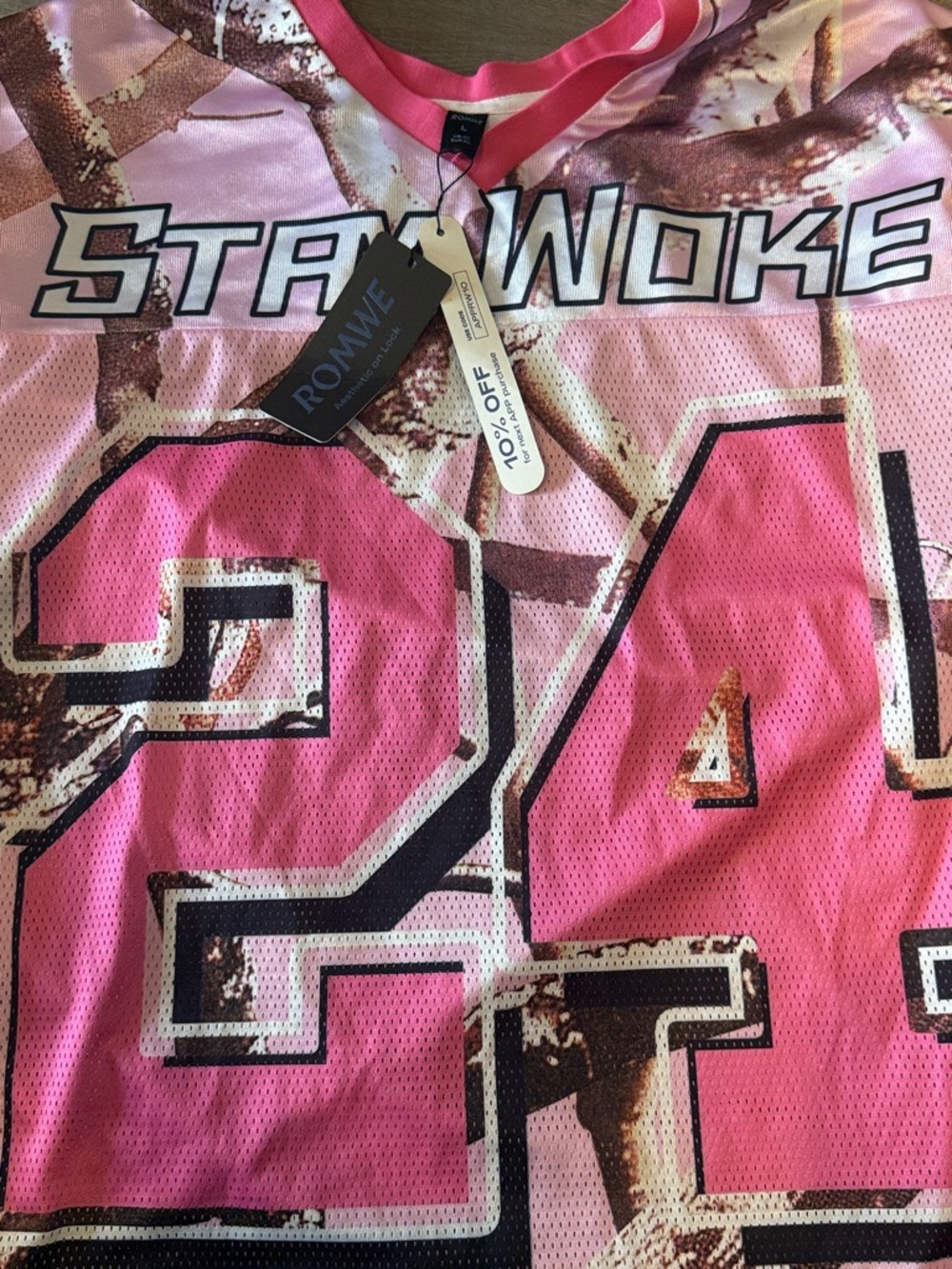 ROMWE "Stay Woke" Pink Camo Graphic Jersey NWT - Size Large - Picture 3 of 12